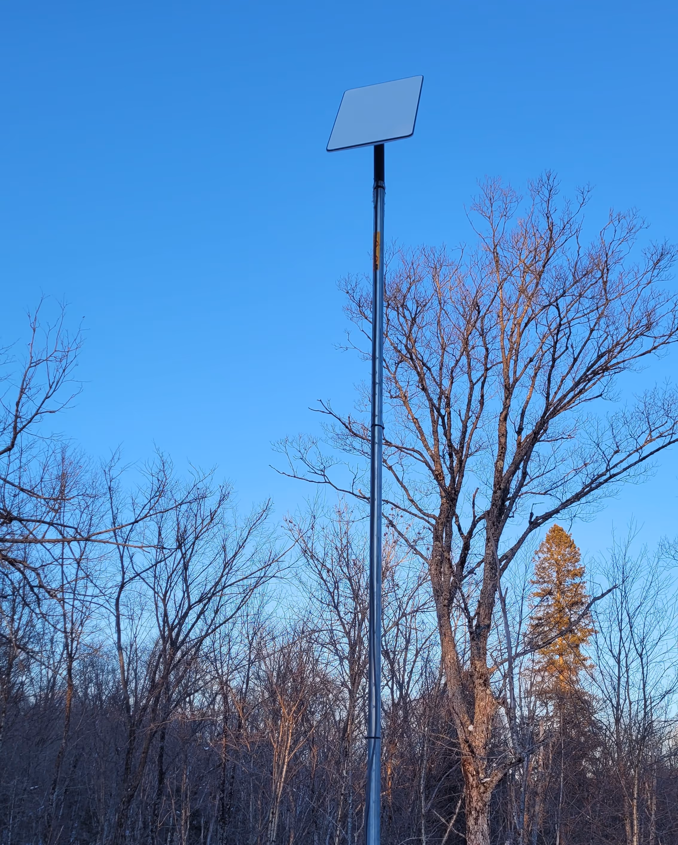 starlink dish with a 10-foot rod installed on a roof with trees in the background