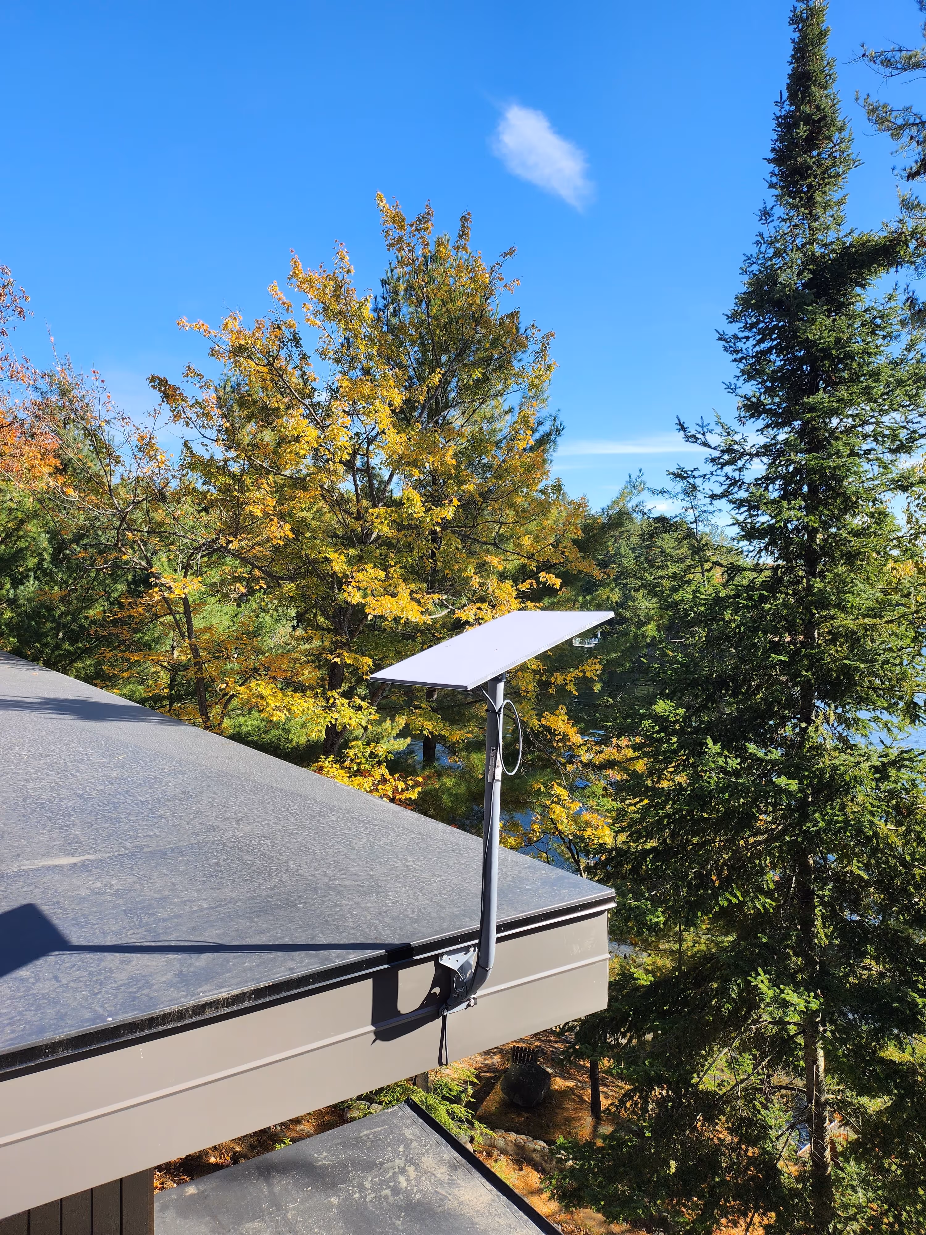 Small solar panel mounted on the edge of a roof against a backdrop of green and yellow-leaved trees under a clear blue sky.